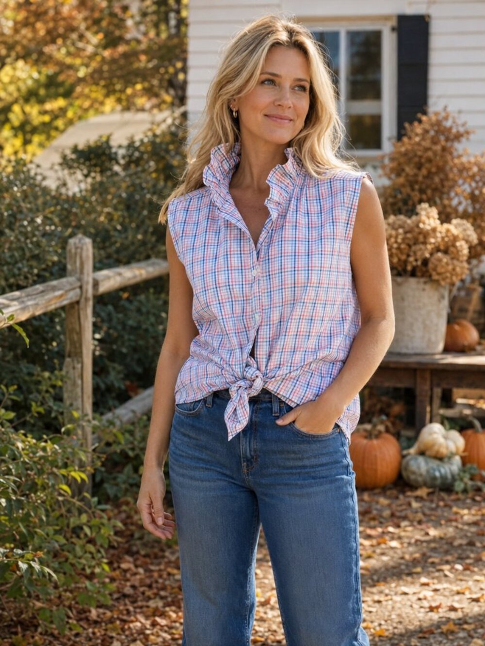 Crown & Ivy Pink Blue Plaid Upcycled Ruffle Blouse L/XL